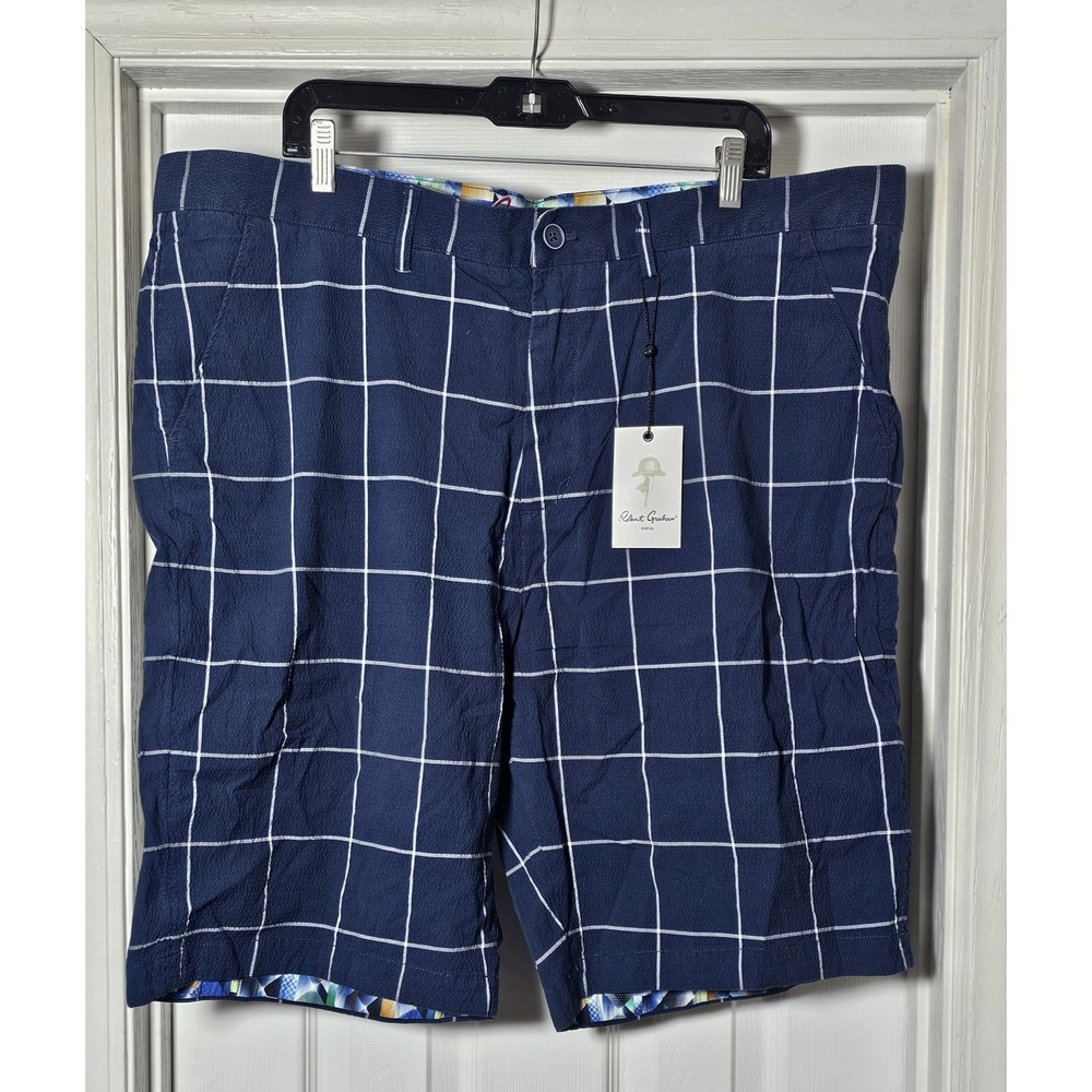 Robert Graham Men's Bounties Shorts Size 42 Navy Plaid Stretch Crepe